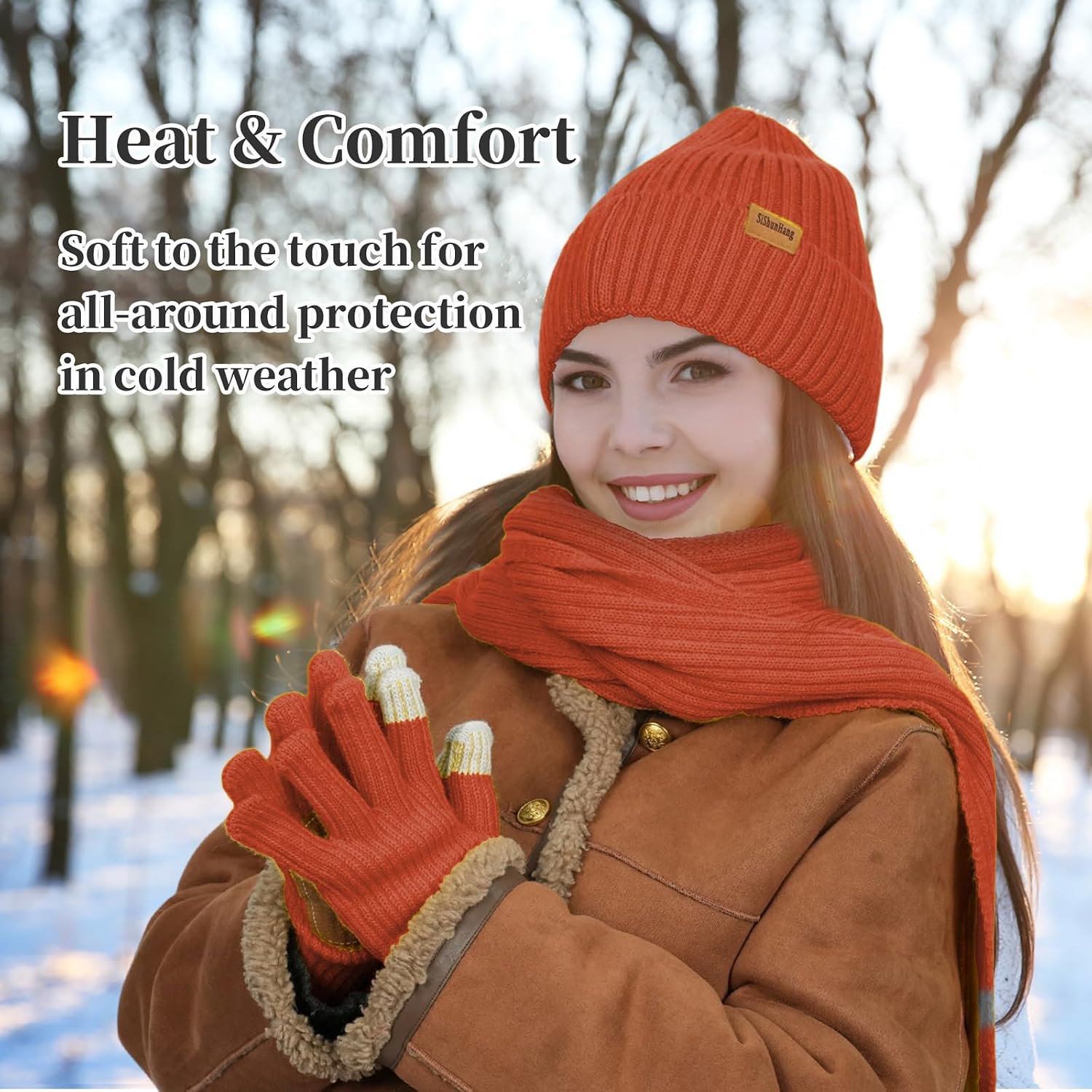 Winter Knit Beanie Hat Scarf Gloves Cold Weather Set, Warm Knit Beanie Long Scarf Touchscreen Gloves,Winter Gifts for Women