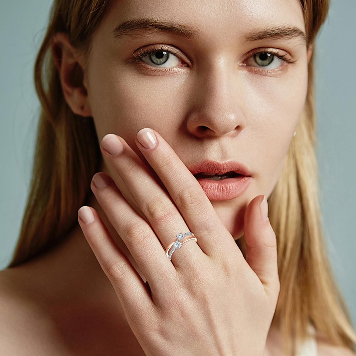 DIYA 2 CT Rose Gold Moissanite Engagement Ring for women S925 Sterling Silver Moissanite Round Wedding Ring Guard Double Rings Vintage Ladies Dainty Anniversary Promise Jewelry Gift for Women Size 6-9