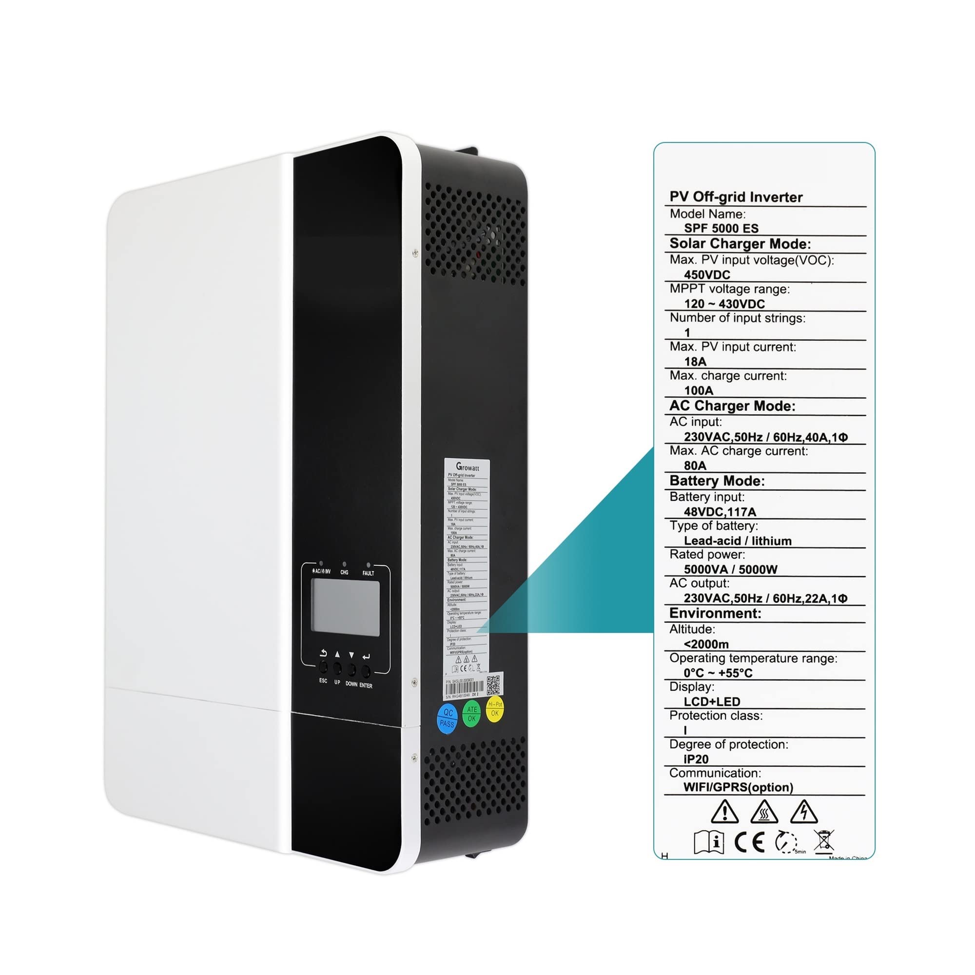 3.5KW/5KW Inverter Solare Ibrido 48V 230V MPPT 80A/100A Invertitore Onda Sinusoidale Pura Può Funzionare Senza Supporto Batteria Wifi(SPF 5000 100A WIFI)