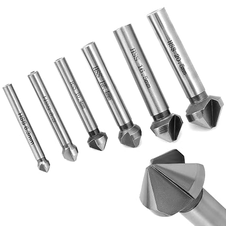 QWORK® 6Pcs Countersink 90°, 6.3-20.5 mm HSS Steel Countersink Drill Bit, Countersink Deburring Tools for Wood, Metal, Plastic