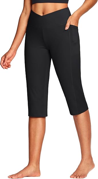 ISEEGZ 18" Capri Pants for Women High Waist V Crossover Womens Yoga Capris Breathable with Pockets for Workout Casual