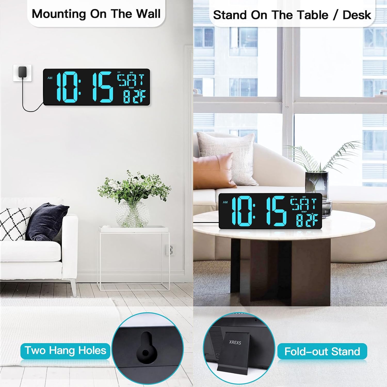 XREXS Large Digital Wall Clock mounted on wall and standing on table