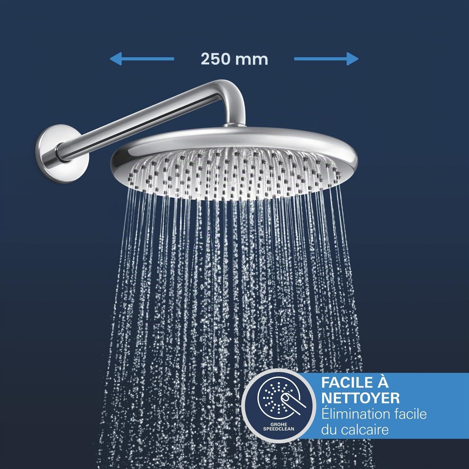 GROHE Start Ensemble de Douche Encastré 2 sorties, Douche de Tête Vitalio Start 25cm, Pommeau de Douche Vitalio Start 11cm 2 jets (Pluie/Stimulant), Support Mural, Flexible 1.5 m, Chromé, 25292000