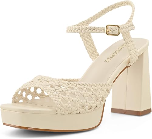 GRACESTRIDE Platform Heels Woven Chunky Block High Heel Sandals Square Open Toe 