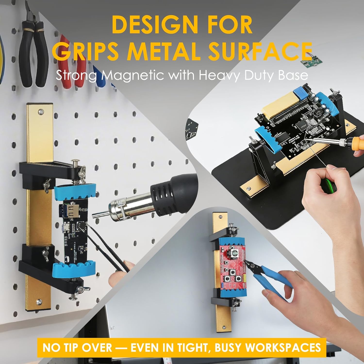 Circuit Board Holder Helping Hands with Heavy Base for Soldering and Repair, Adjustable 360° Rotation, Strong Magnetic, Space-Saving and Aluminum, Durable for Electronics PCB