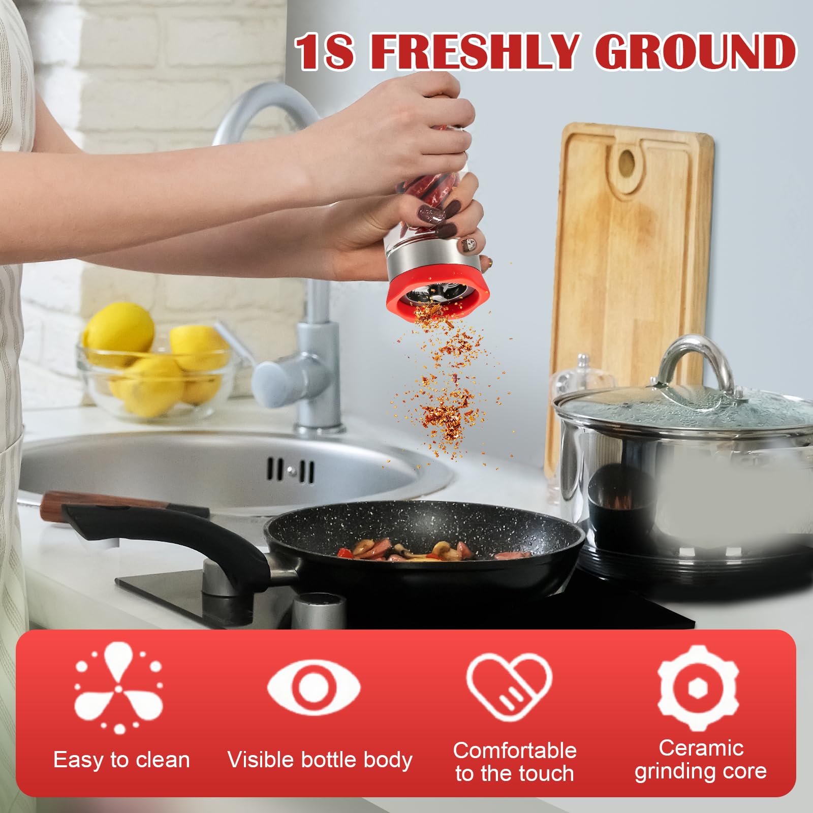 Chilimühle Edelstahl & Glas: 2 Stück 150ml Chilischneider für grobe Gewürze & Trockene Chilis, Chilimühle für Küche und Haushalt, Gewürzmühle Kräutermühle, Gewürzschneider Schneidwerk