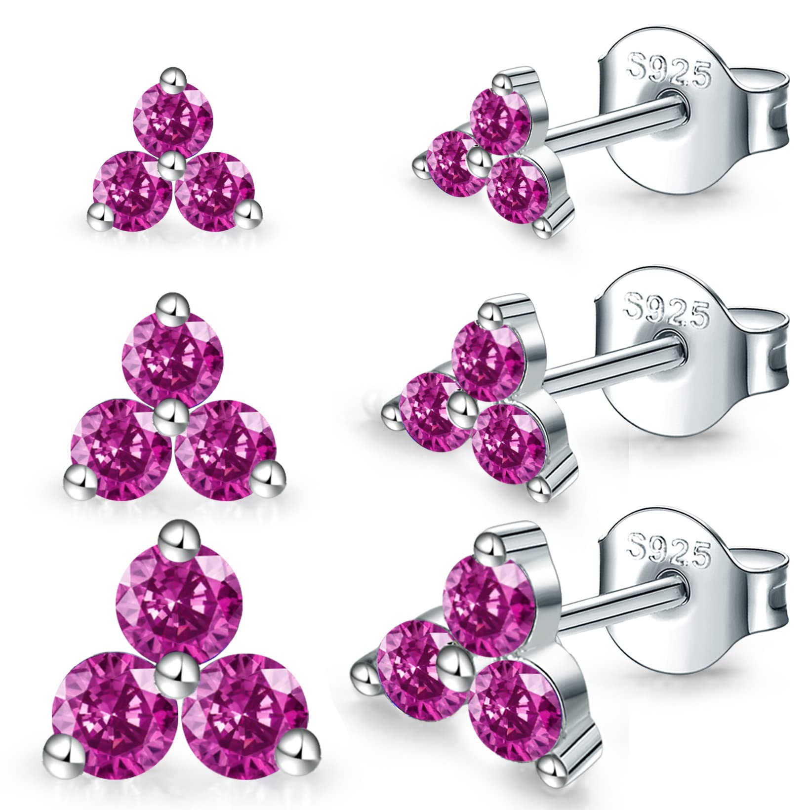 Sterling Silver Stud Earrings for Women- 3 Pairs Hypoallergenic White Gold Plated Small Cubic Zirconia Flower Cartilage Earring Set (3mm/4mm/5mm)