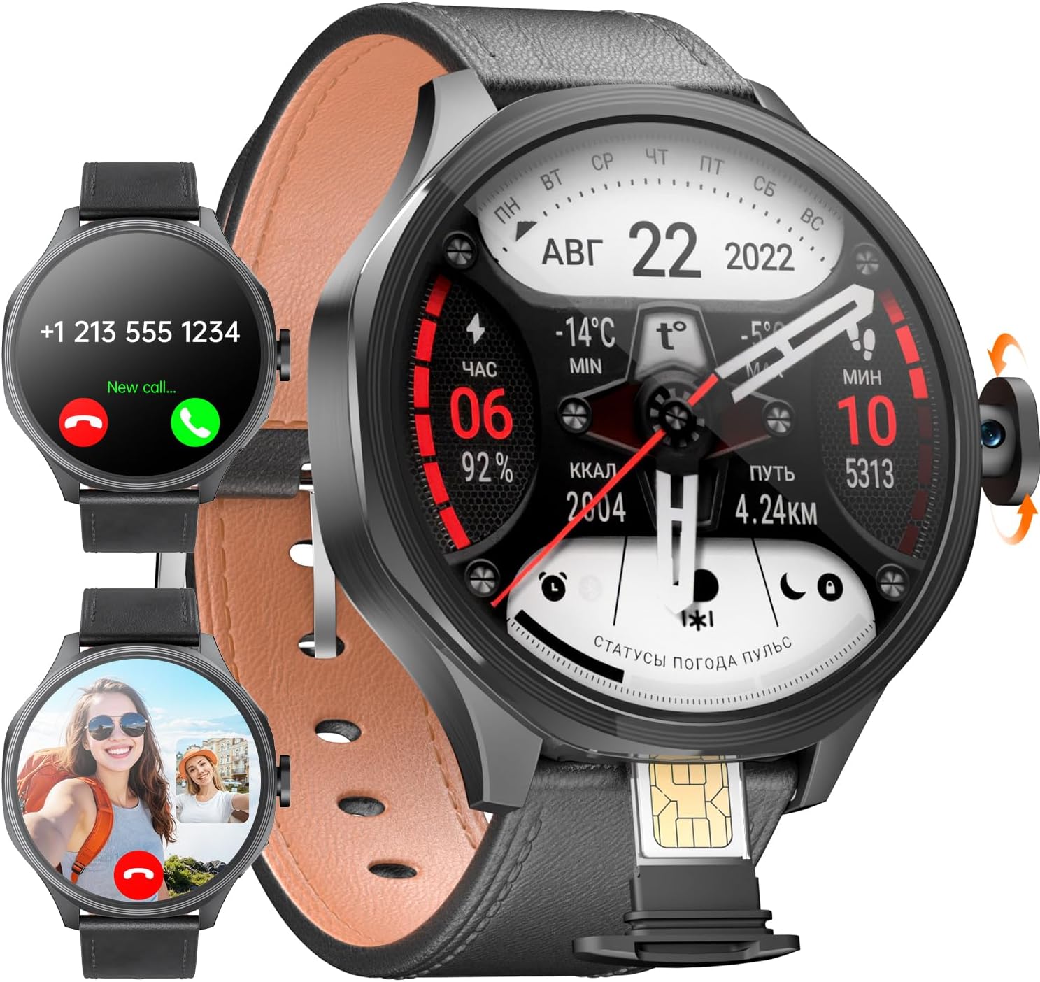 W & O Smart Watch for Men with SIM Card and Camera, Android Smartwatch Phone, 1.73" AMOLED, 180° Rotating Camera,3GB+32GB, Call & Text Without Phone,GPS,Fitness Tracker,Sleep Monitoring (Black)