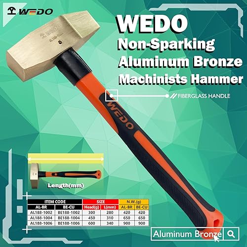Miniatura 2 de WEDO Martillo de maquinistas sin chispas, martillo de chapa de 1.1 lb450g, martillo de cruz Peen, longitud 12.205 in, mango de fibra de vidrio,