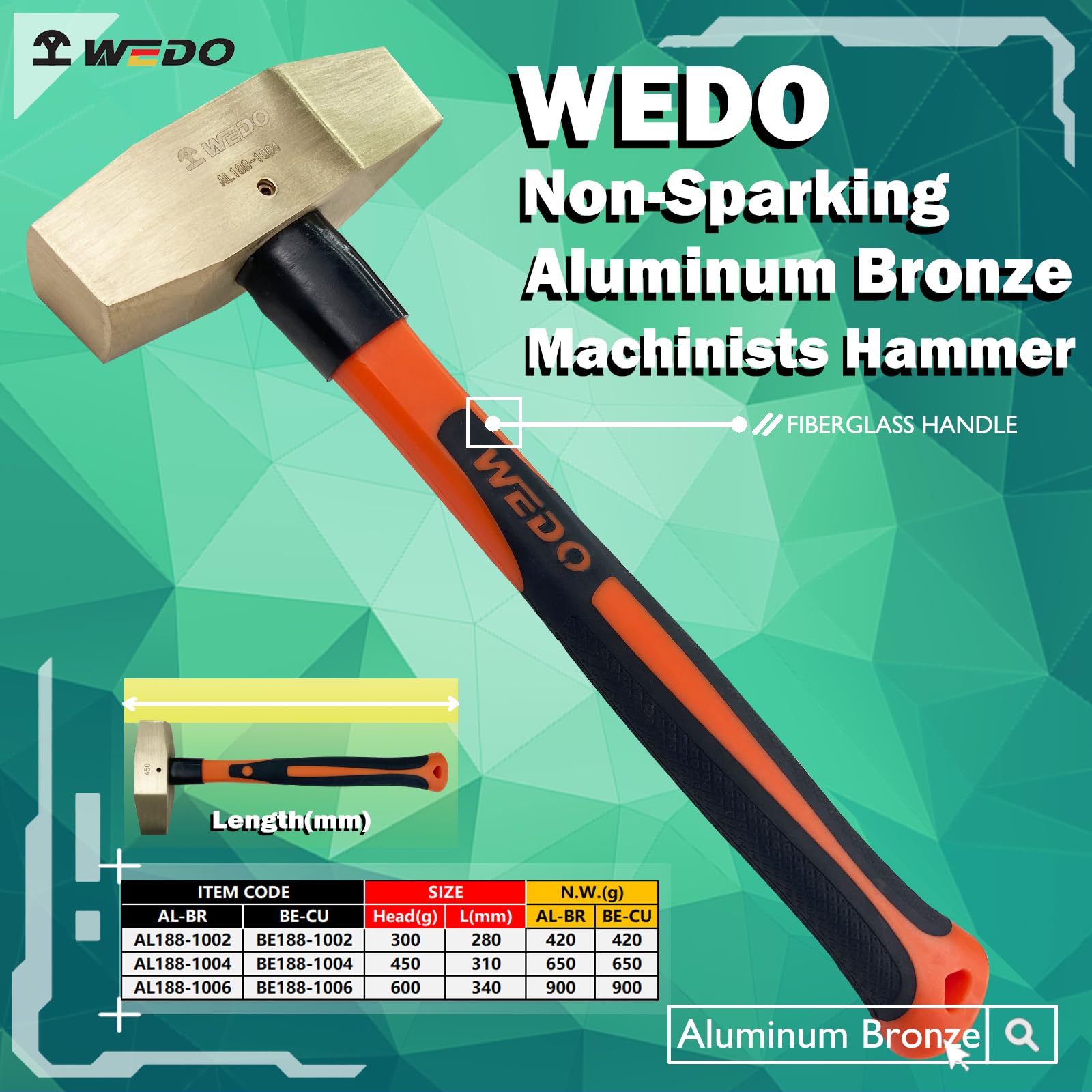 WEDO Martillo de maquinistas,martillo de punta cruzada que no chispa,bronce de aluminio,mango de fibra deVidrio,cabeza de martillo de 450g,longitud de 310mm,forjado a presión,BAM