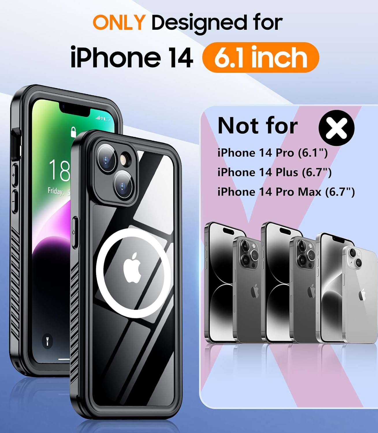 Temdan Magnetic for iPhone 14 Case Waterproof,Built-in Screen Protector[IP68 Underwater][Upgrade Military Dropproof][Compatible with MagSafe] Full Body Shockproof for Phone Case 6.1''- Black