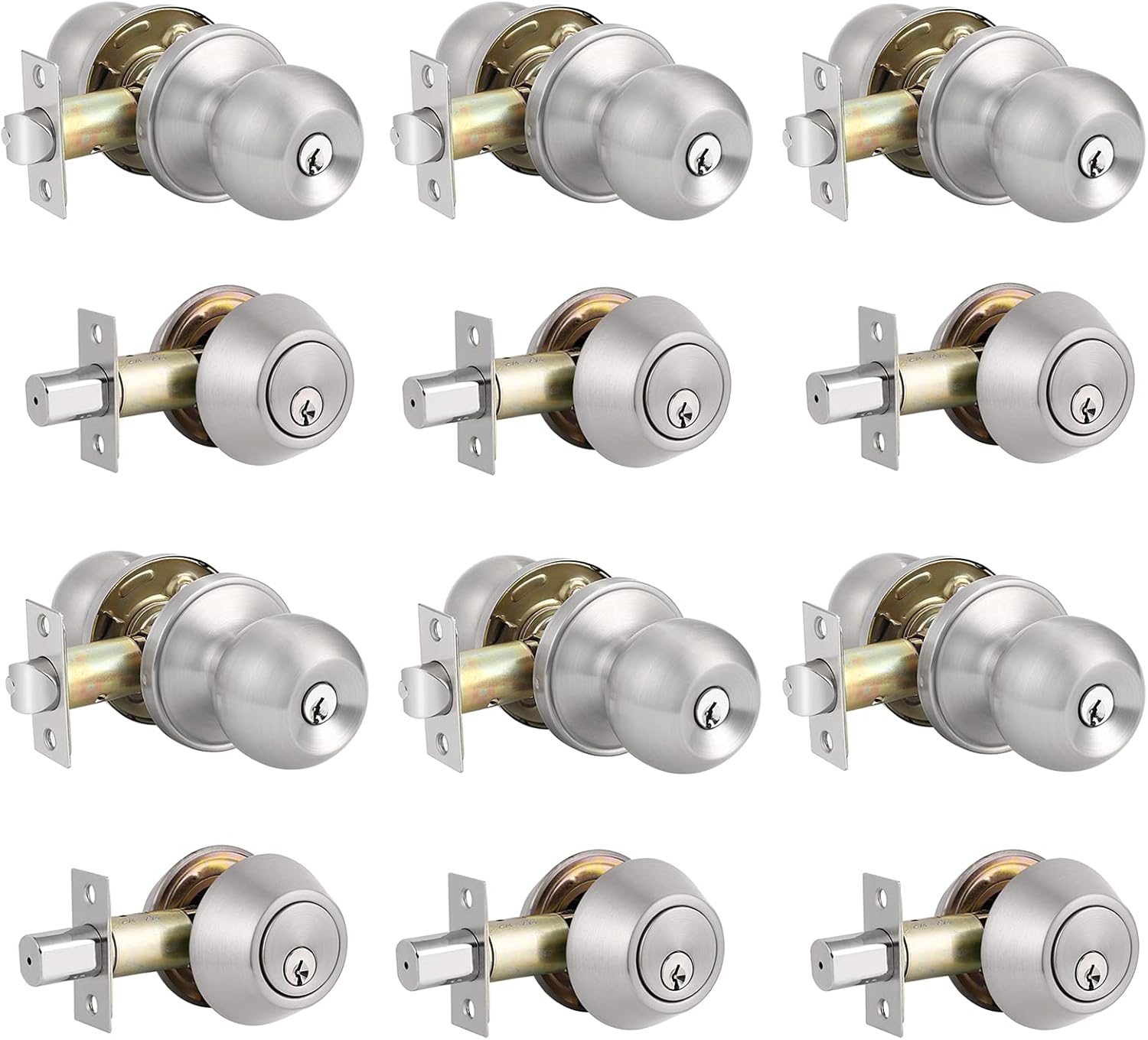 Contractor Pack of 6 Set, Entry Door Knobs and Double Cylinder Deadbolt, Satin Nickel Finish, Keyed Alike Door Handle Set with Same Keys, Combo Pack for Front Doors-Keyed on Both Side