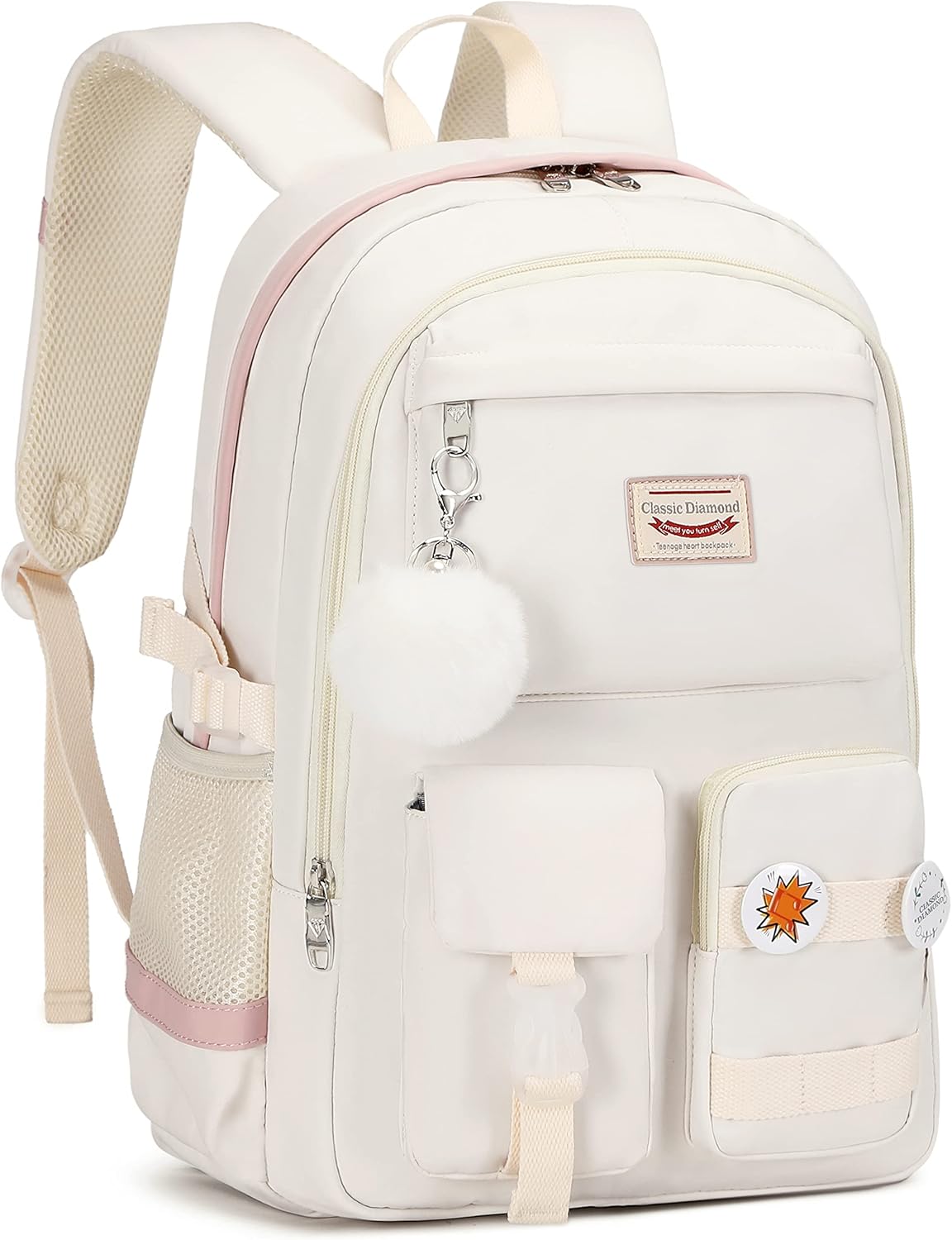 Classic Diamond School Backpack for Girls Laptop Backpack Cute Bookbag Kawaii College Backpack School Backpacks for Teens Girls Student (White)