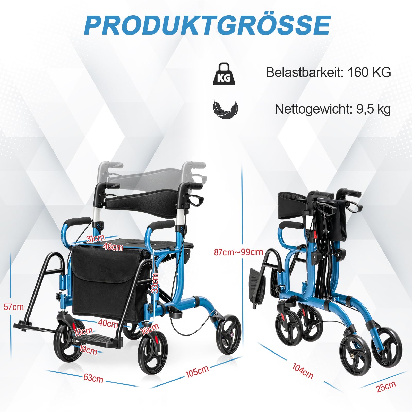 GOPLUS Składany rollator 2 w 1, pomoc w chodzeniu z regulacją wysokości, oparciem, siedziskiem i torbą, pomoc w chodzeniu, lekki chodzik z aluminium do 160 kg, składany wózek inwalidzki, rollator