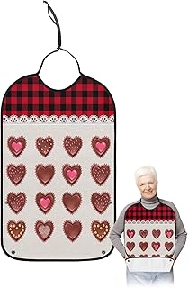 BOBOWUNY Valentines Chocolate Adult Bibs for Elder Women Men Eating, Red Black Plaid Pink Love Heart Waterproof & Washable Bibs for Eating Clothing Protector Dining Bibs for Crumb Catcher
