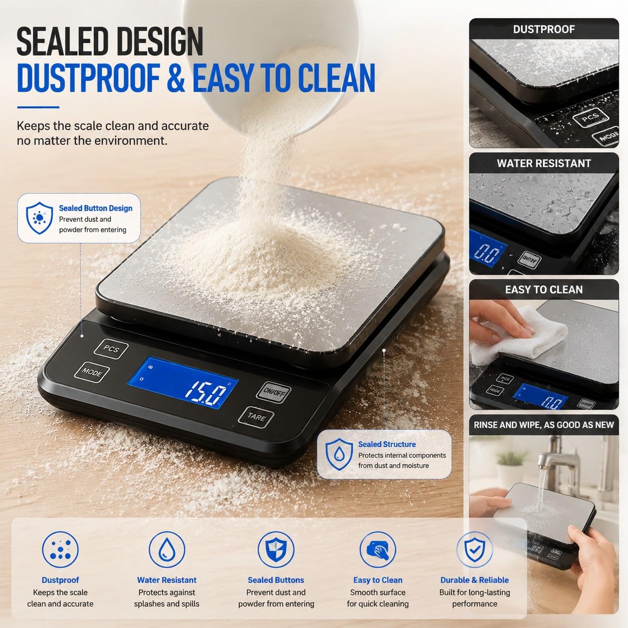 Bilancia digitale da cucina impermeabile, precisione 0,1 g, bilancia elettronica in acciaio inox con 3 opzioni di alimentazione (ricaricabile/AAA/integrata), conversione 10 unità, standby intelligente
