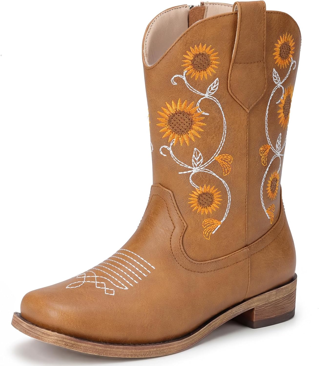 Girls Cowboy Boots with Floral Embroidery-Western Cowgirl Boots for Girls Toddler Little Big Kids, Square Toe Side Zipper Non-Slip Sunflower Shoes for Daily Birthday Wear
