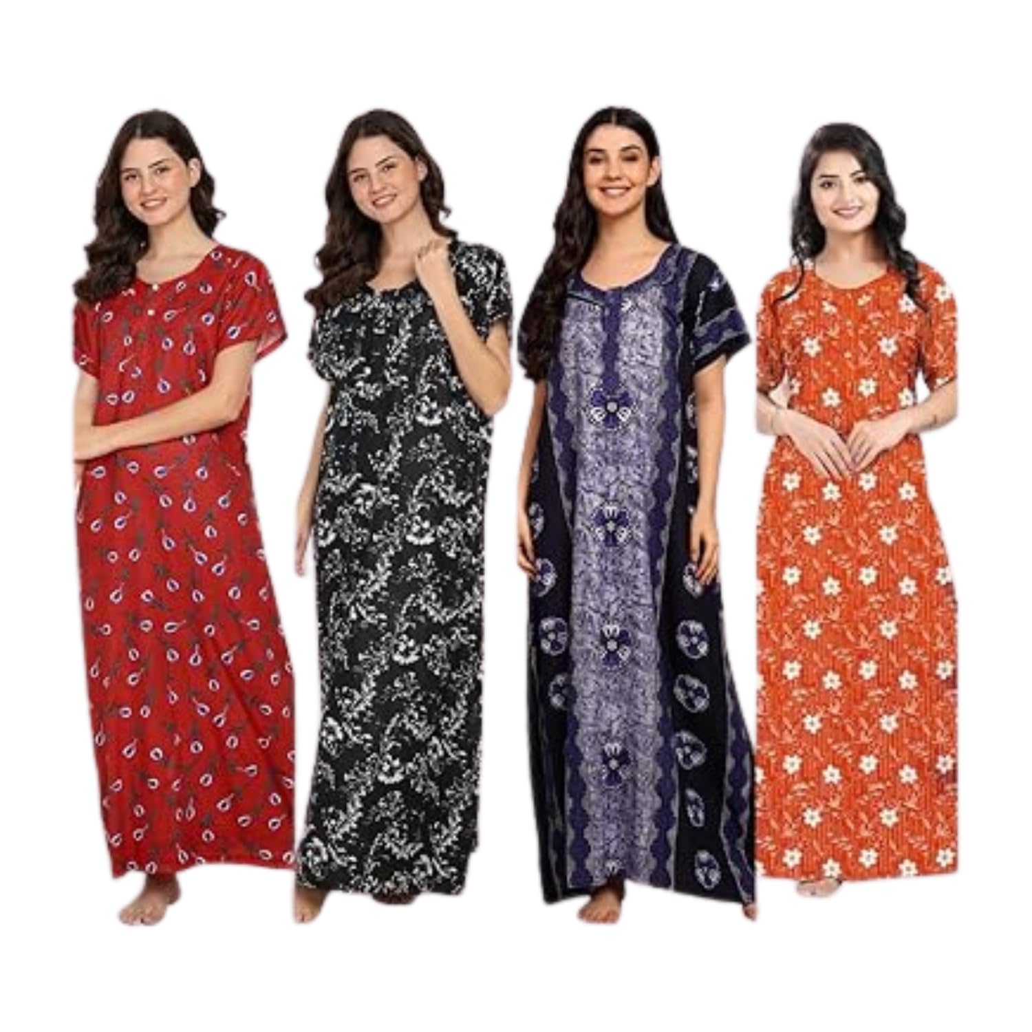 Women Cotton Printed Nighty Combo, Soft Breathable Maxi Gown, Ankle Length, Short Sleeve, Free Size, Multicolour, Pack of 4-image-23