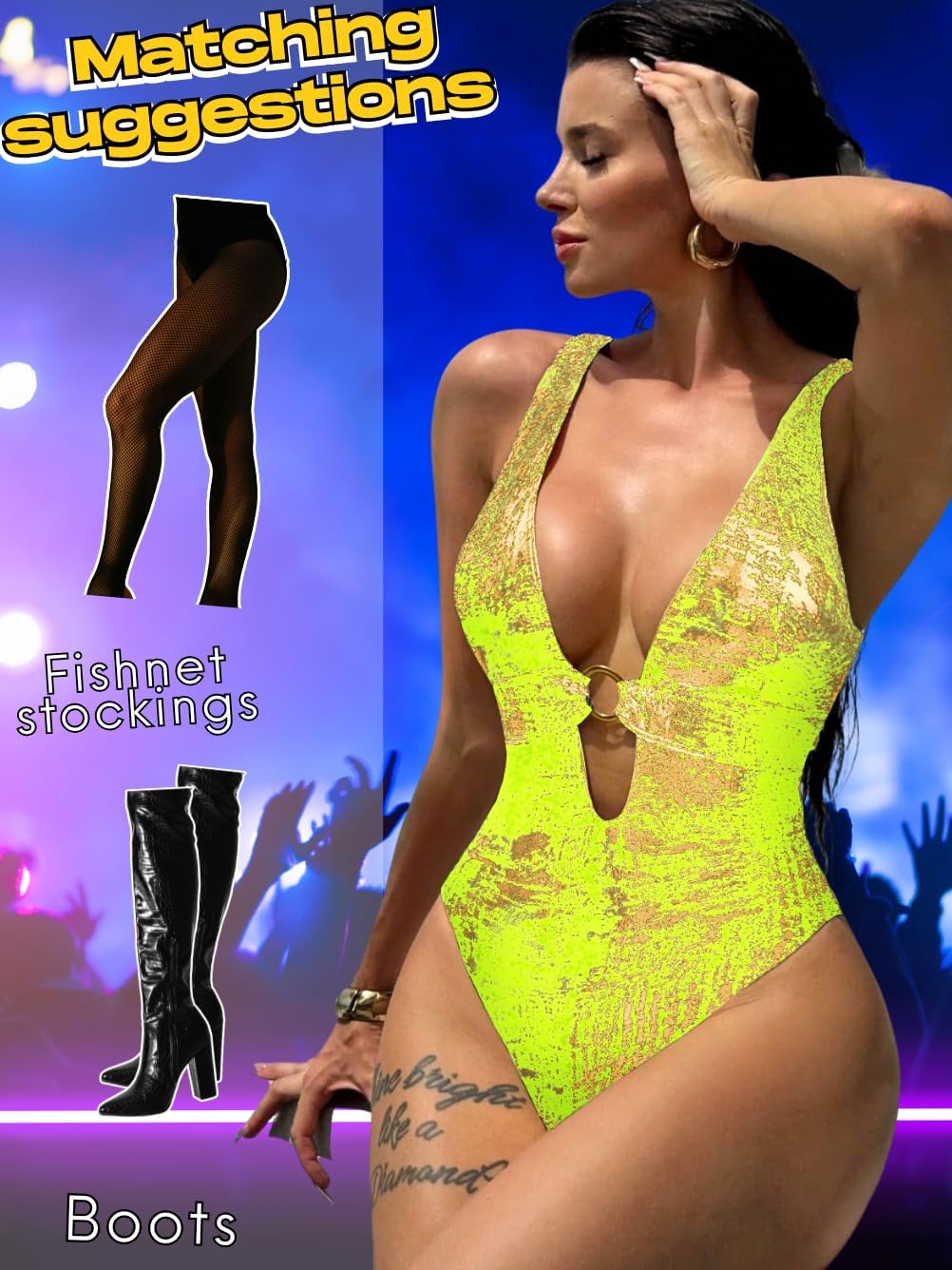 ChiaoLezhee Women's Metallic One Piece Swimsuit Sexy Plunge Cutout Bodysuit Festival Rave Outfits