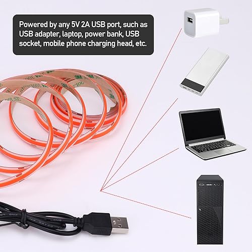Miniatura 4 de DC 5V USB COB rojo LED tira de luz IP65 impermeable USB alimentado 6.6ft2M 640LEDs alto brillo flexible luces de cinta LED