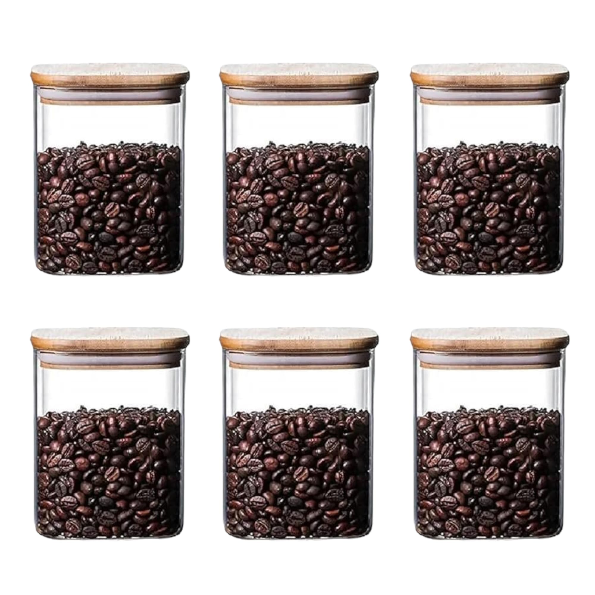 270 ml Glass Jars with wooden lid Glass Jar set food storage containers Borosilicate Glass Jar Set/Suit for Sugar, Salt, Coffee, Tea, and Other Dry Food Storage (270ML SQUARE JAR, 6 PCS)