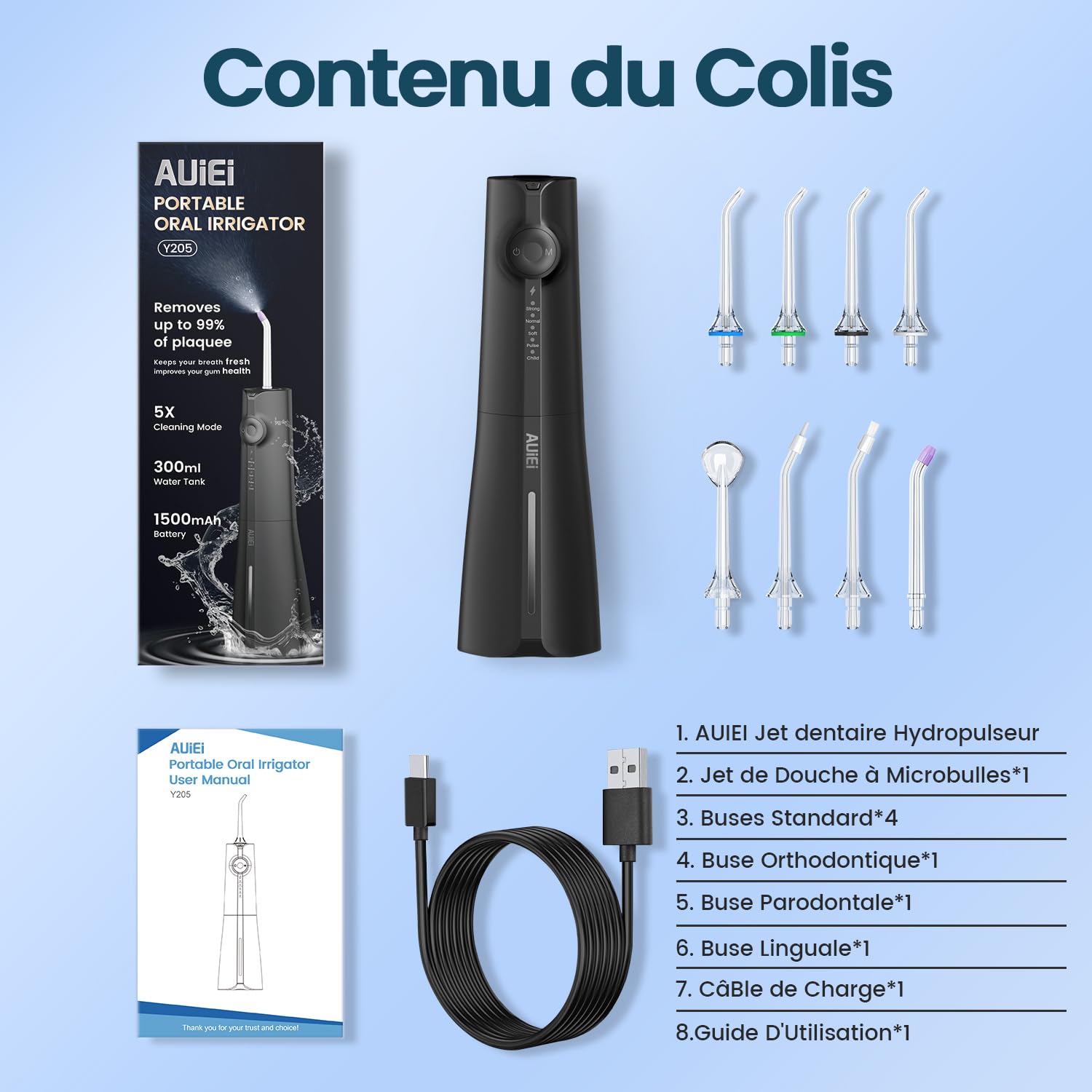 AUIEI Jet dentale Hydropulseur Portable Water Flosser, Irrigatore orale 5 modalità e 8 ugelli, serbatoio 300 ml, USB caricato, impermeabile IPX7, adatto Gencive Sensible (nero)