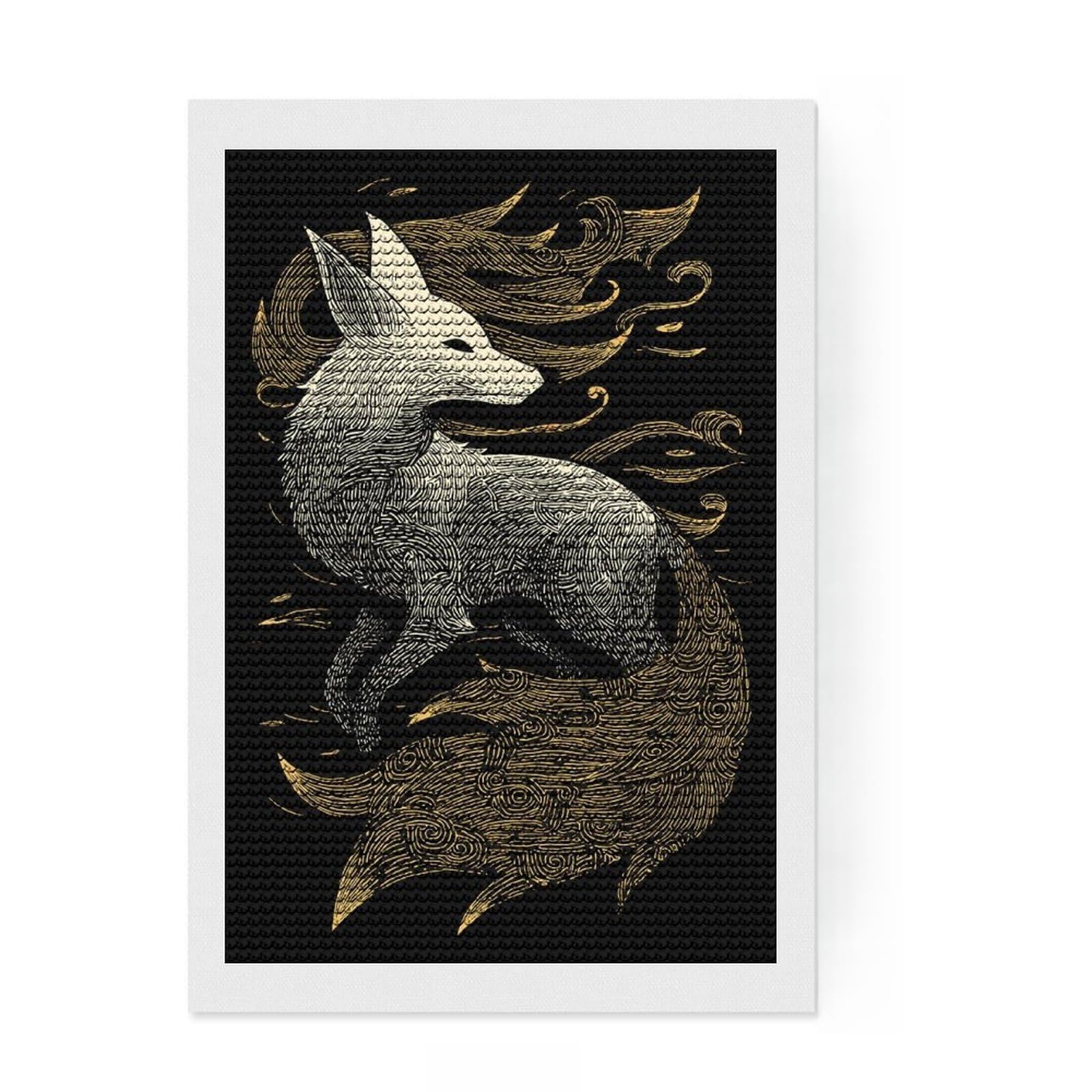 Junmoney Fox Illustration with Golden Tail Diamond Style Art Kit 8"x12", Christmas Gift, for Family Craft Time, Vintage Style Decor, Creative Gift Idea