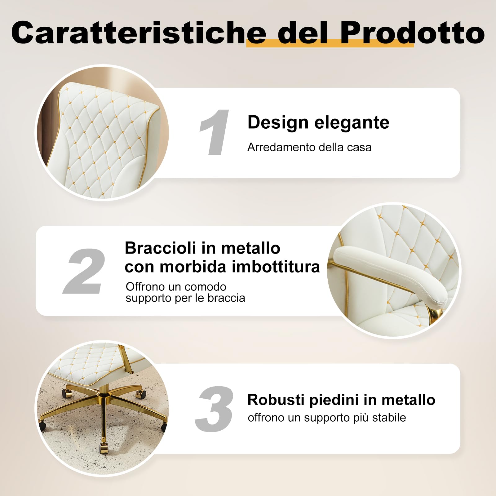 Sedia Ufficio Ergonomica, Poltrona Direzionale in Pelle PU, Sedia da Ufficio con Seduta Ampia, Sedie Scrivania Reclinabile Girevoli Altezza Regolabile 136kg, Bianco