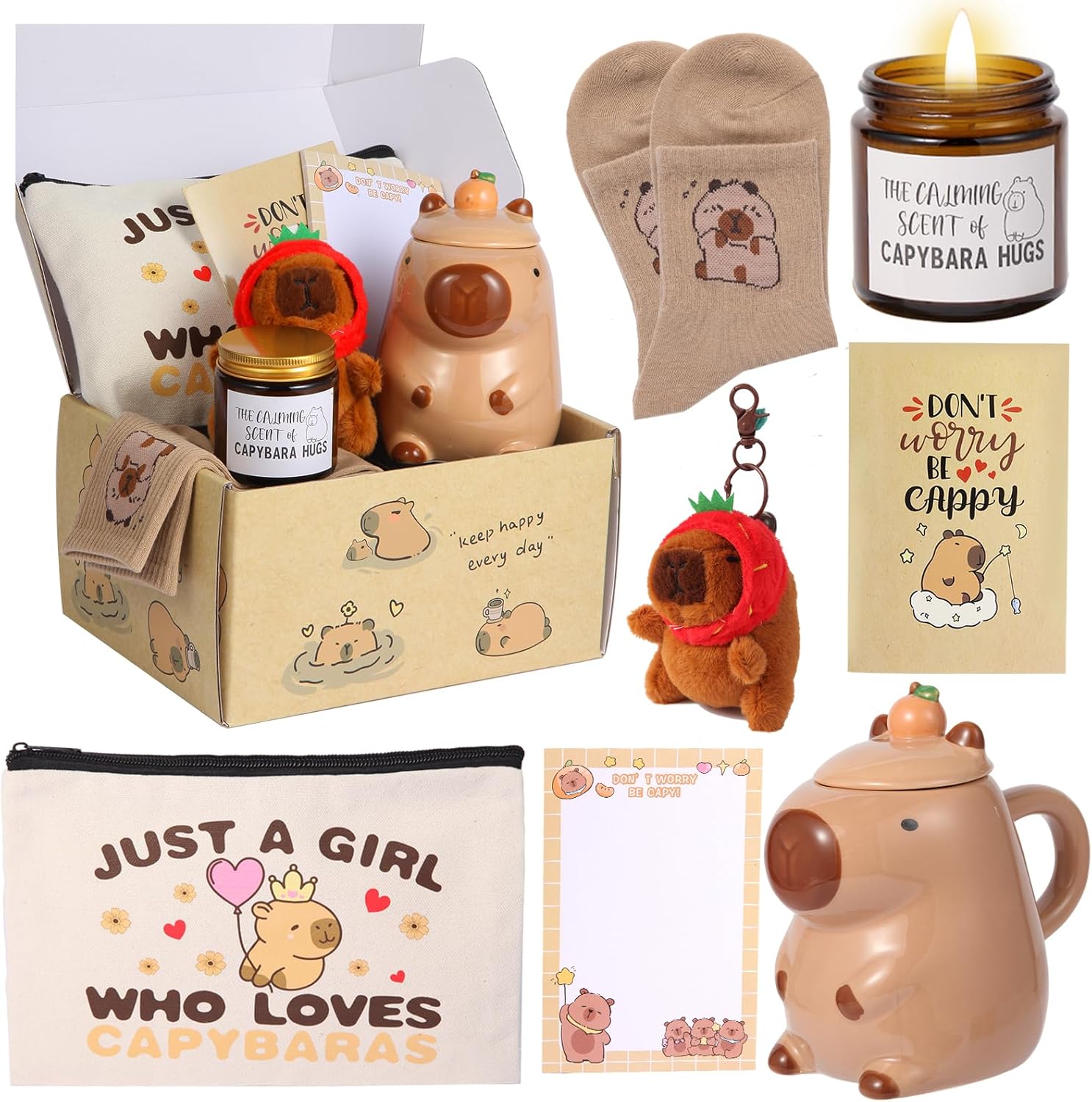 Bayelove Capybara Gifts for Women Capybara Stuff with Glass Cup Makeup Bag Sock Hair Bands Capybara Keychain and Gift Cards Gift for Capybara Lover