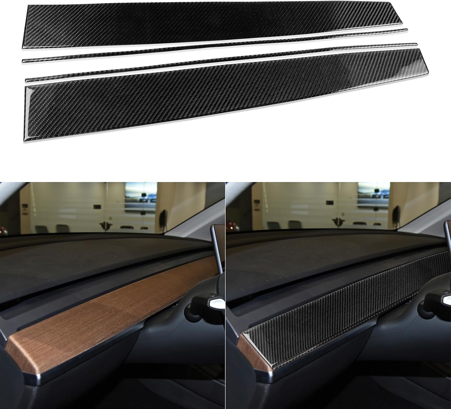 Car Center Console Dashboard Decoration Strip Compatible with Tesla Model Y 2020 2021 2022 2023 2024 2025 Model 3 2017-2022 Real Carbon Fiber Sticker Auto Interior Accessories Decals 4pcs Black