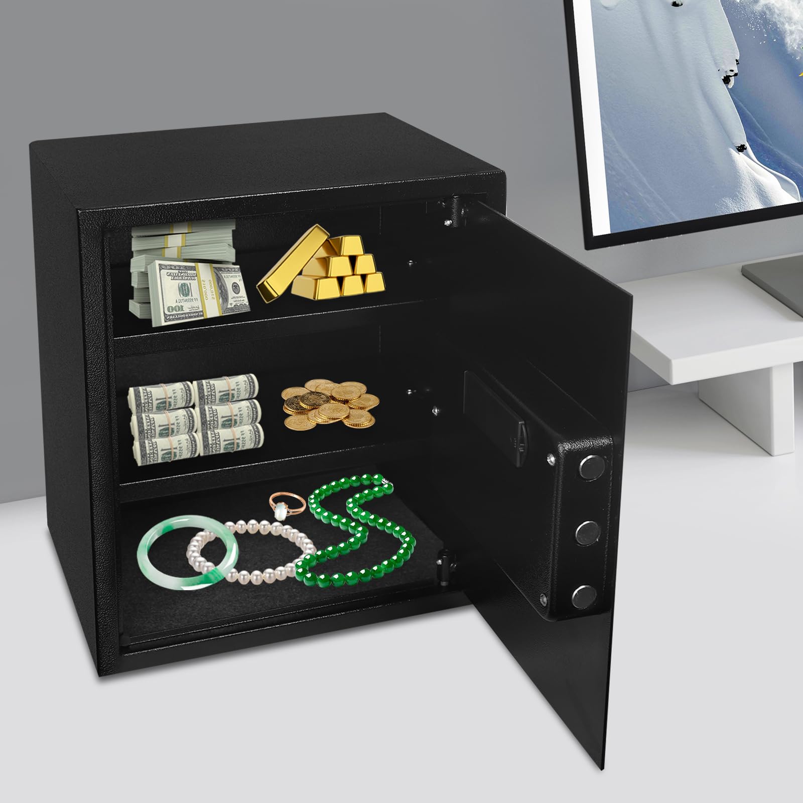 Cassaforte per mobili per casa, cassaforte con serratura a combinazione e chiave, cassaforte per mobili con sistema di allarme intelligente, per ufficio, hotel, documenti, gioielli, passaporto