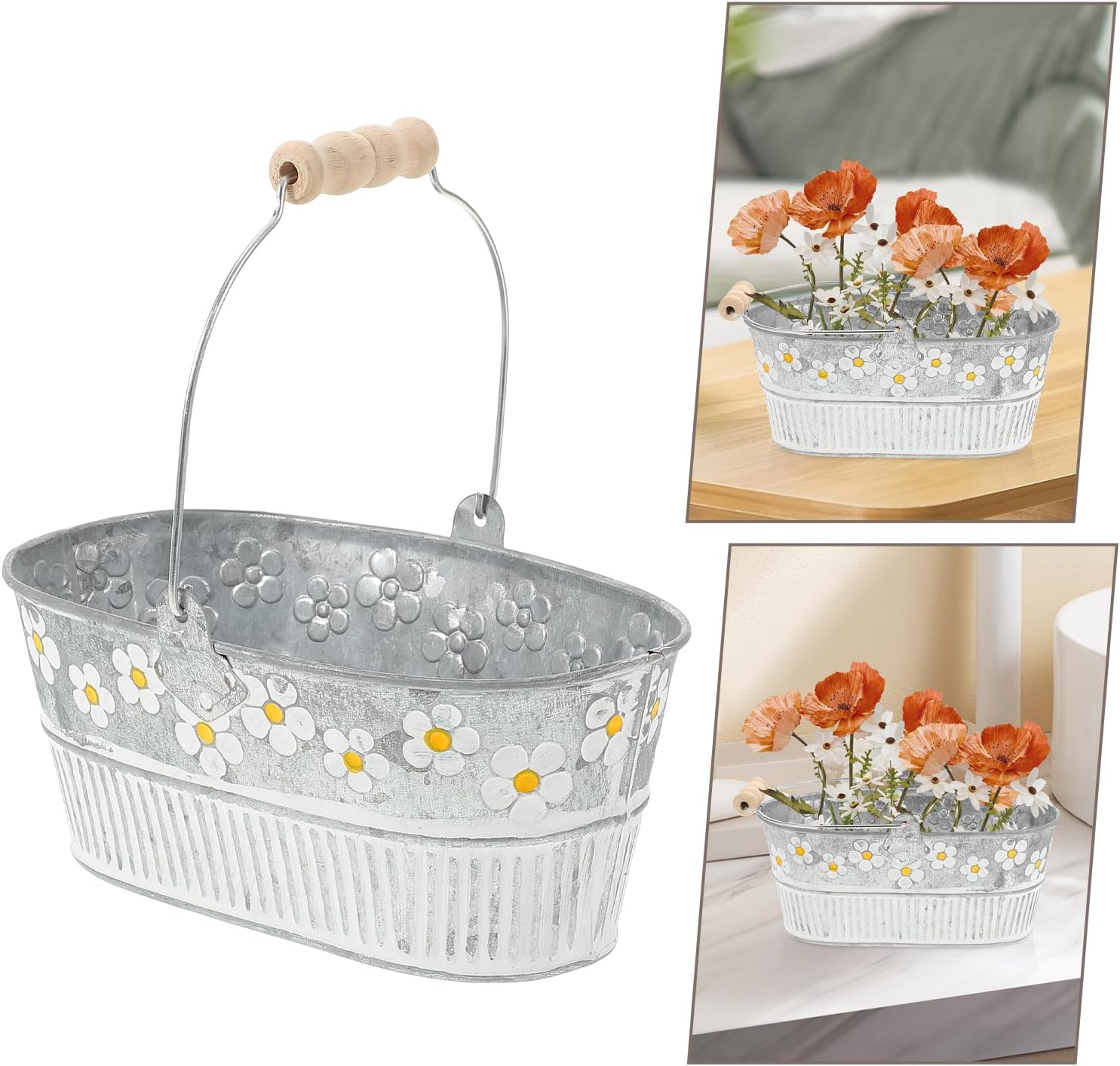 Sosoport 2pcs Daisy Tin Flower Bucket - Iron Rustic Tin Buckets -Farmhouse Metal Vase Cactus Pots Country Flower Pots Hanging Flower Holder Retro Flowers Iron Plant Decors 13X19CM