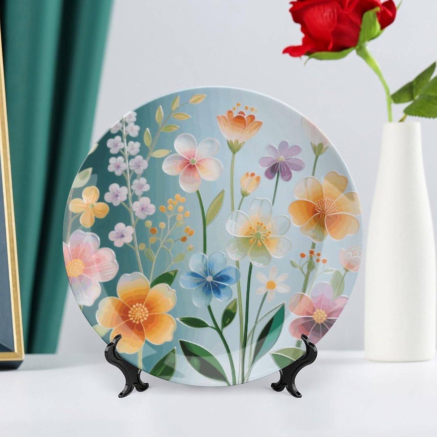 Stained Glass Seasons Decorative Plates Bone China Plates with Stand for Display 10inch Round Ceramic Dinner Plates Dessert Plate for Kitchen Party Coffee Table Decor Art