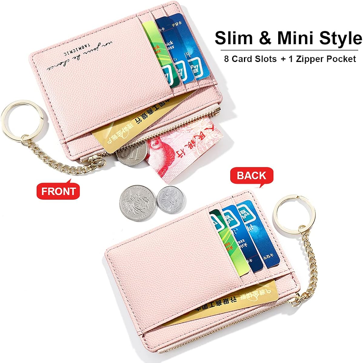 Miniatura 4 de Valentoria Tarjetero delgado con bloqueo RFID, bolsillo pequeño, monedero con cremallera, monedero minimalista de cuero, monedero, monedero y