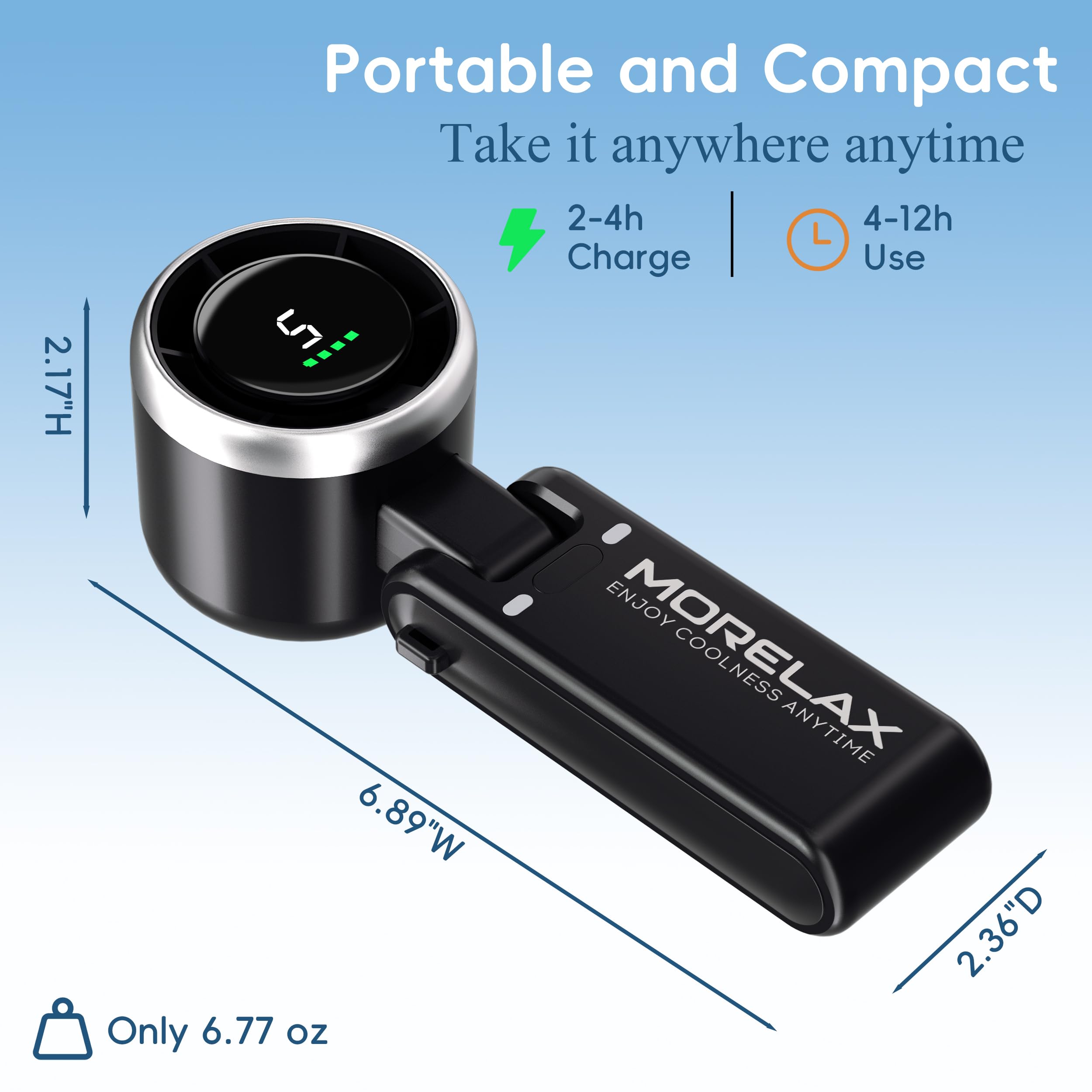 Morelax Przenośny wentylator ręczny, chłodzenie Turbo 10 m/s, 5 prędkości z wyświetlaczem LED, 4000 mAh, składany wentylator na biurko/szyję/kieszeń do podróży, makijażu, na zewnątrz, czarny