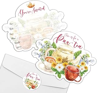 REWIDPARTY Floral Tea Party Invitations with Envelopes & Stickers（Set of 15） Let's Par-Tea Shaped Fill-in Invitations High Tea Theme Invites Garden Tea Cup Time Bridal or Baby Shower Party Supplies