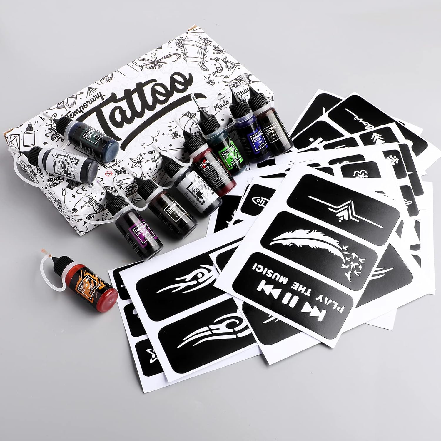 STIGMA Temporary Tattoo Kit 10 Bottles Color Inks, 84 Pcs Stencils Kit for Body Paint DIY Tattoos Temp, DIY Fake Tattoo for Women Kids (Black*2, Cyan, Red, Green, Blue, Purple, Brown*2, Orange)