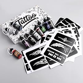 STIGMA Temporary Tattoo Kit 10 Bottles Color Inks, 84 Pcs Stencils Kit for Body Paint DIY Tattoos Temp, 8 Colors DIY Fake Tattoo for Women Kids