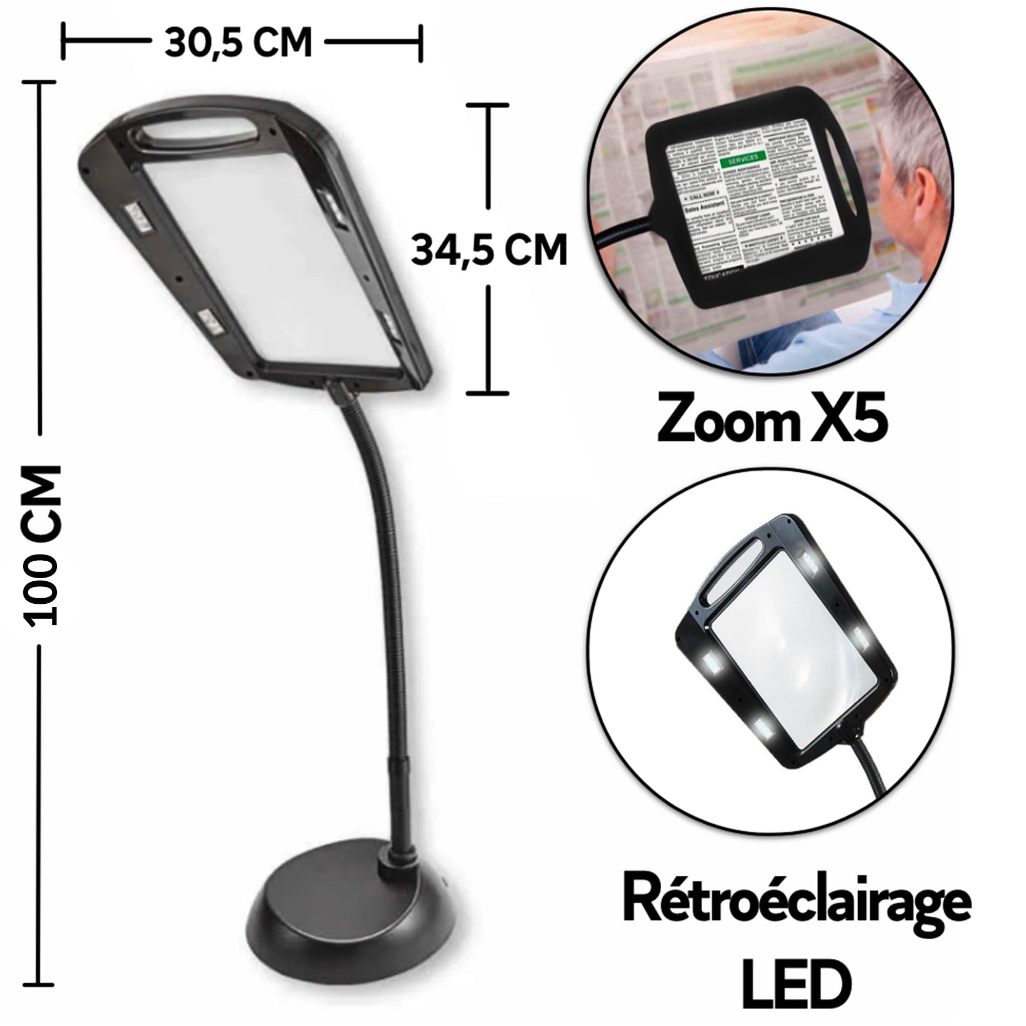FISHTEC - Lampa powiększająca Maxi 12 diod LED do montażu - 5 x powiększenie, obrotowe, do czytania, majsterkowania, szycia, haftu i innych precyzyjnych czynności - elastyczna wysokość 100 cm, czarna
