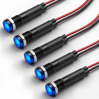 5PCS 8mm 12V 24V DC LED Metal Indicator Lamp, CE RoHS Waterproof IP67 Pilot Warning Light with Wire for Car Dashboard, Marine Boat, Caravan, Control Panel Blue Lamp [Energy Class A+]