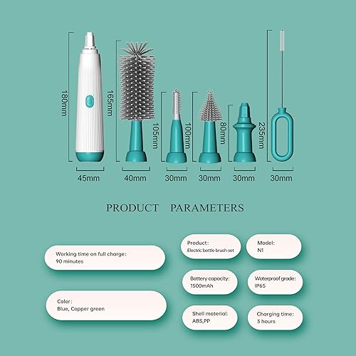 Miniatura 5 de Juego de cepillos eléctricos para botellas con cepillo para biberón de 4 piezas, cepillo para biberón, cepillo para pezones, cepillo para popote y