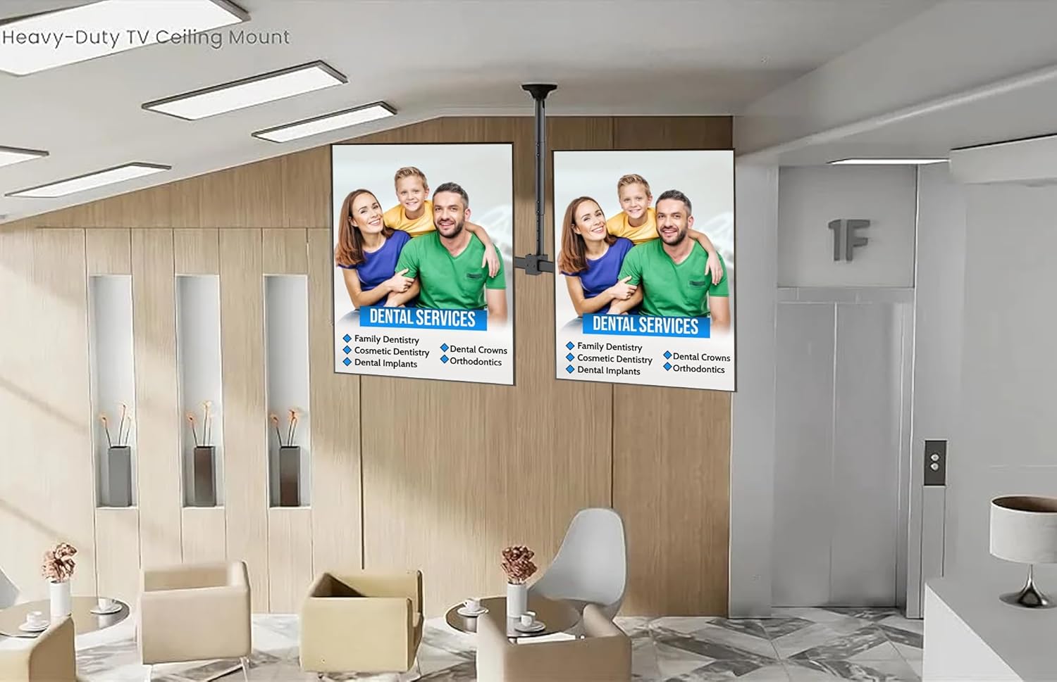 Mount Plus CB-400 2x1 Side by Side Dual Screen Menu Board Ceiling Mount for Portrait Vertical View 37" to 60" TV | Adjustable Height Pole | Max Weight 88 Lbs Per Screen | VESA Patterns Up to 400x600