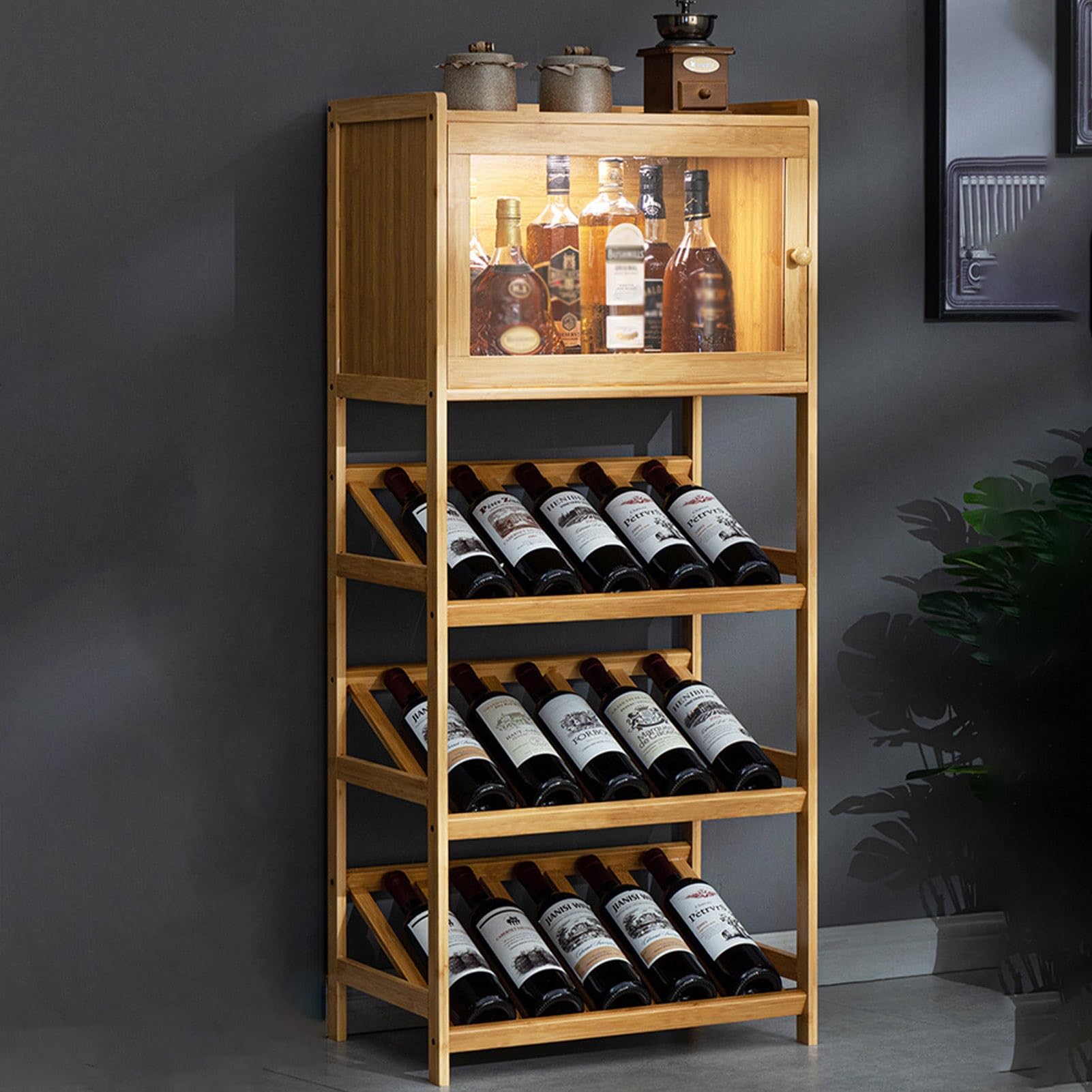 Portabottiglie con portabottiglie per vino, mobile bar per vino, credenza per soggiorno, sala da pranzo, porta per mobile trasparente in acrilico(Natural,52 * 32 * 116cm)