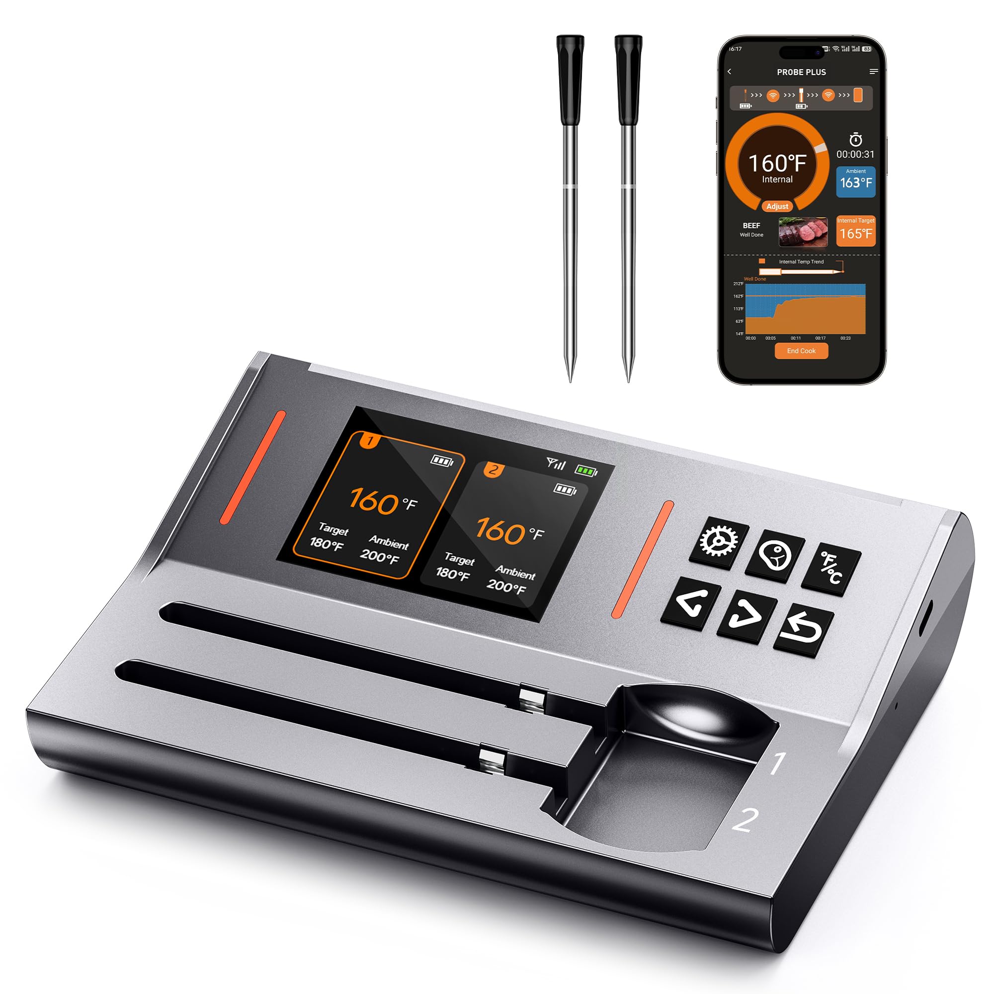 Wireless Meat Thermometer 2 Probes, Bluetooth Smart Meat Thermometer Digital Wireless Remote Tracking and Real-Time Readings, Standalone Base & Thinnest Probe, iOS and Android, for Grill, BBQ, Smoker