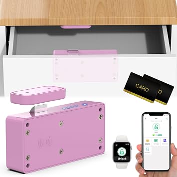 Smart Cabinet Locks for Baby Proofing, Bluetooth RFID NFC Keyless Electronic Hidden Safe No Drilling Drawer Lock for Adults Child Safety, Cupboard Closet Door Lock Pink