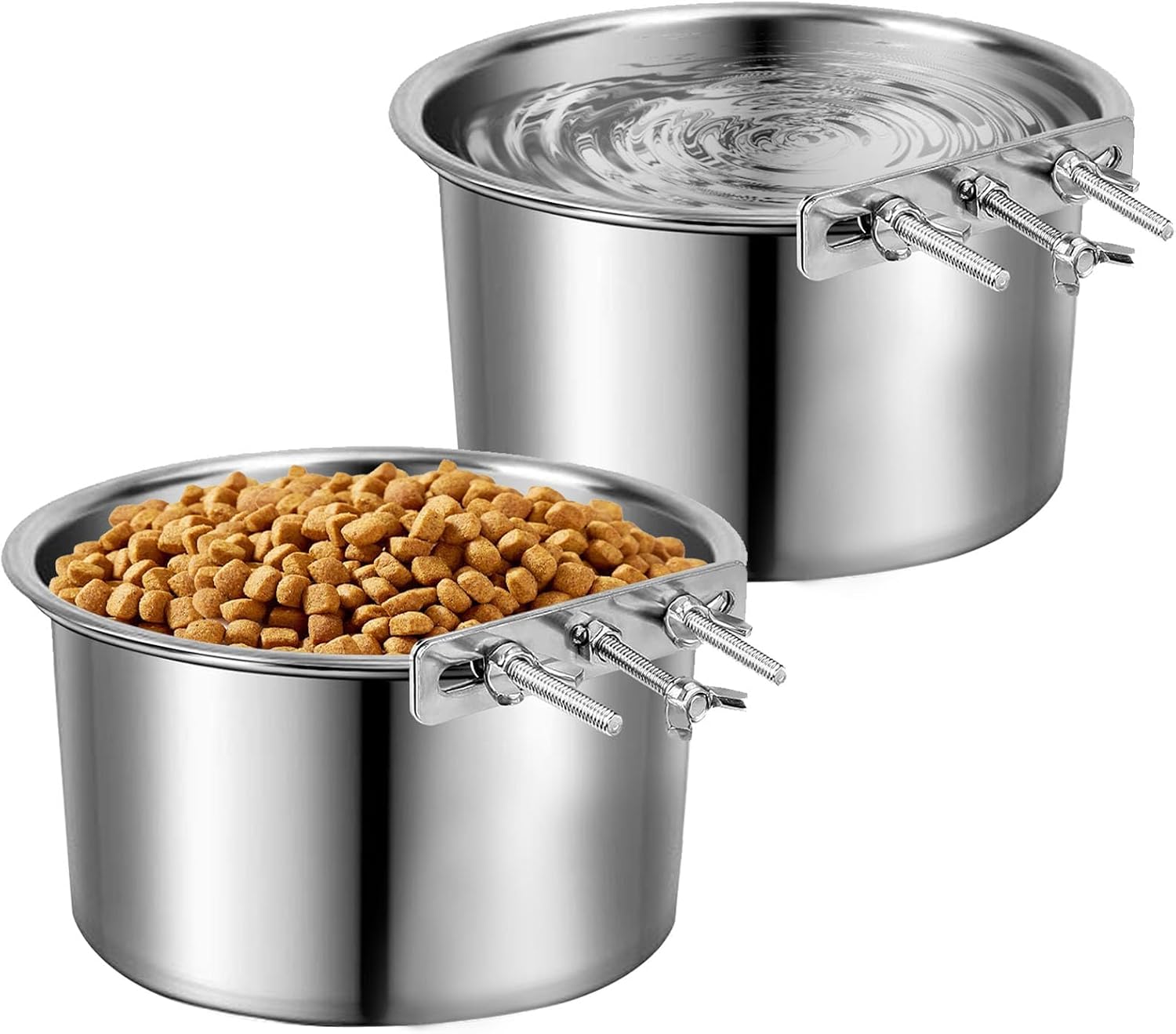 2 Pack Dog Crate Water Bowl Stainless Steel Dog Bowls No Spill Hanging Water Food Bowls for Kennel Cage Crate Mountable Pet Feeder Dish for Medium and Small Dog Cat Pet (7" x 4.3")