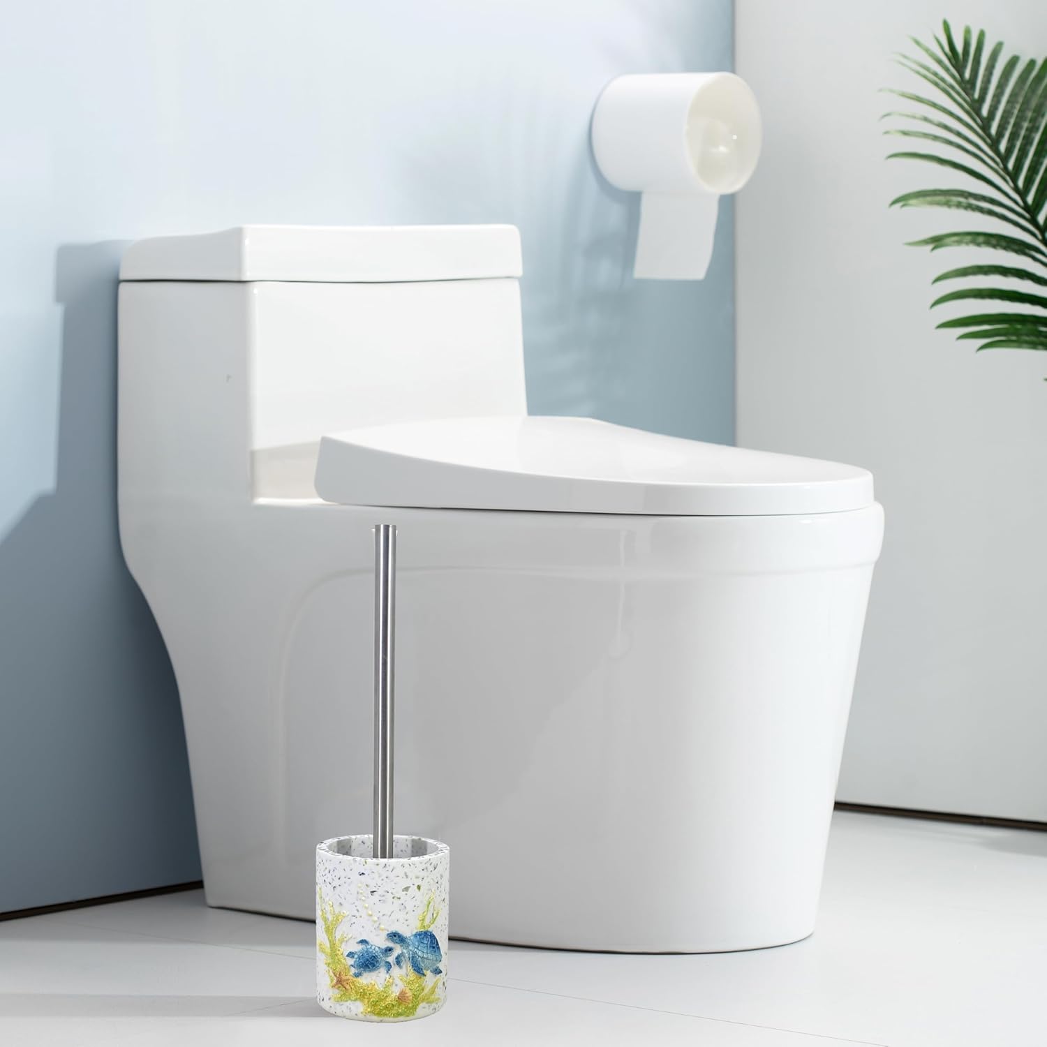 13-inch Cute Turtle Toilet Brush Holder - Resin Terrazzo Bowl Cleaner Set with Bottle, Blue Bathroom Storage Organizer