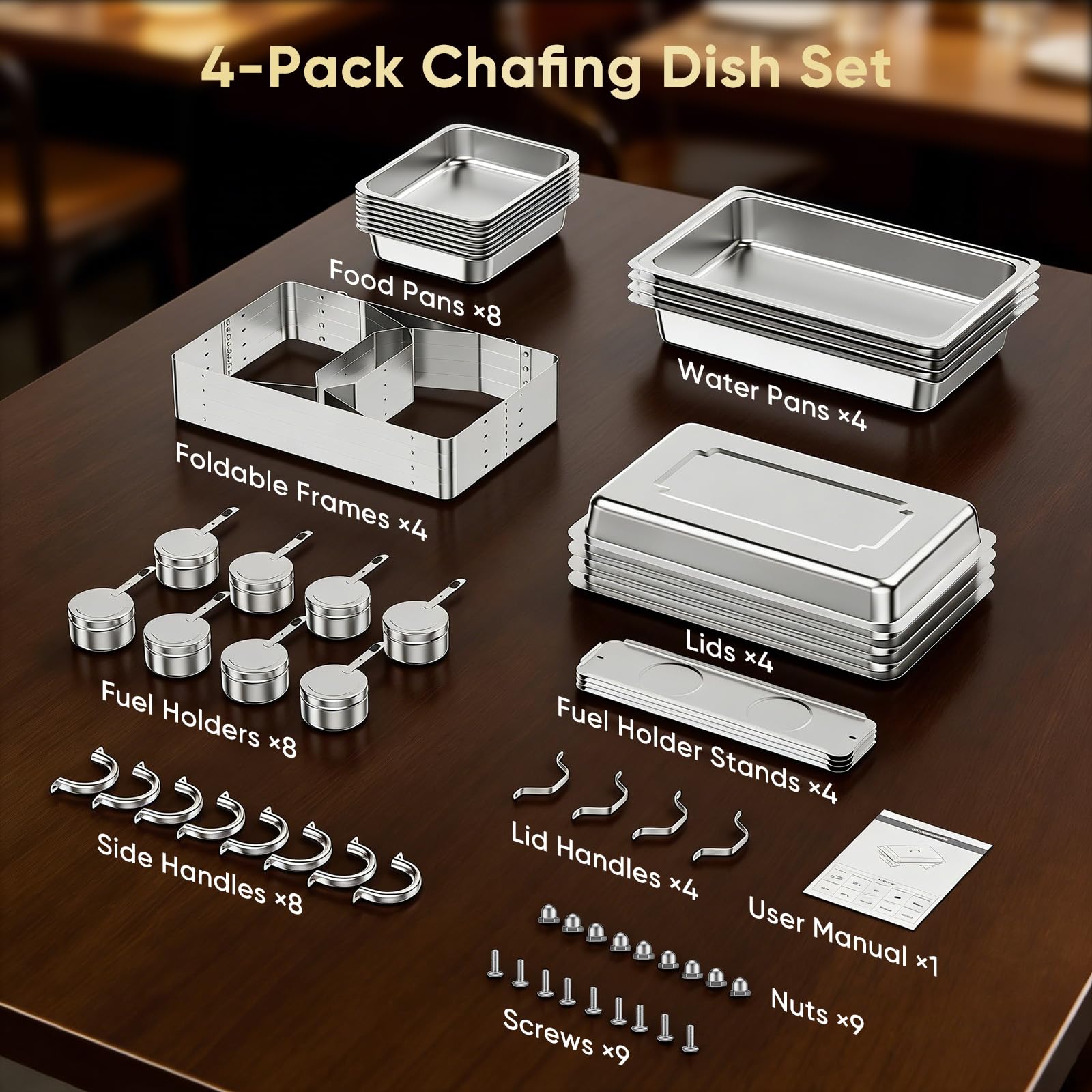 4 Pcs Chafing Dish Speisewärmer Set, 9L Edelstahl Warmhaltebehälter Essen [1/2 GN - Behälter], Wärmebehälter für Speisen mit Deckel & Brennstoffhalter, Speisenwärmer Buffetwärmer für Catering & Party