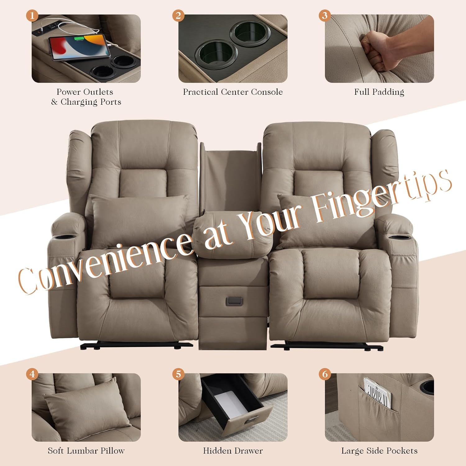 67.6" RV Loveseat Recliner Sofa with Console, Wall Hugger Manual Reclining Loveseat Couch for RV Theater Seating — Flip Down Backrest with Cup Holders & Charge Outlet (Litchi Fabric, Khaki)