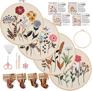 wtisan 4-Pack Embroidery Kit for Beginners - Stamped Flower Cross Stitch Patterns, Hoop, Threads & Instructions Included